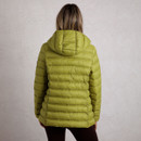 Rear view of a woman wearing a tarragon green lightweight padded jacket. The jacket has a hood and horizontal quilted stitching throughout.