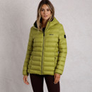 Front view of a woman wearing a lightweight padded jacket in tarragon green. The jacket features horizontal quilting, a high collar with attached hood, and zip pockets.