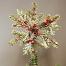 Festive green foliage tree topper featuring frosted pine branches, pinecones and red berries, perfect for a natural woodland-inspired Christmas tree.