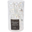 Set of 20 iridescent glass Christmas baubles in a clear storage tube, featuring a shimmering pearl finish for festive tree and home decorations.