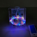 Battery-operated multicoloured LED fairy lights coiled in a clear storage box, ideal for Christmas trees, seasonal displays and decorative indoor lighting.