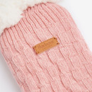 Close-up of a pink knitted lounge sock with a Barbour logo patch.