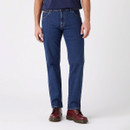 Front view of dark blue straight-leg jeans on a model, cropped from waist to shoes.