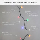 Promotional graphic for string Christmas tree lights highlighting Grade A LEDs, 8-function memory controller, Easytimer feature and suitability for indoor and outdoor use.