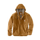 Men’s brown Carhartt hooded jacket with a sherpa lining, button-up front, chest and side pockets, and Carhartt logo patch on the left chest.