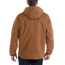 Back view of a man wearing a brown Carhartt hooded jacket with a plain rear design, showing the hood and relaxed fit.