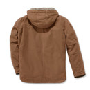 Back view of a brown Carhartt hooded jacket laid flat, showing the hood and seam detailing with a plain rear design.