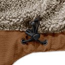 Close-up of the interior hem of a brown Carhartt jacket, featuring soft grey sherpa lining and an adjustable black drawcord with toggle for custom fit.