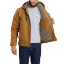 Interior view of the Carhartt men's hooded work jacket showing soft sherpa fleece lining, zipped internal pocket and durable canvas shell.