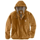 Front product image of the Carhartt men's brown hooded work jacket with sherpa fleece lining, chest pockets, full zip fastening and durable canvas fabric.