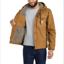 Close-up of the Carhartt men's brown work jacket opened to reveal the warm sherpa fleece lining, full zip fastening and chest pocket.