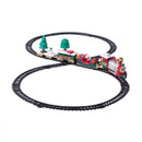 Complete Christmas train set with locomotive, Santa carriage, wagon, miniature trees and figure-eight track for festive seasonal displays.