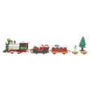 Side view of a Christmas train set with locomotive, Santa carriage, passenger wagon and festive accessories for holiday decorations.