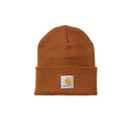 Brown Carhartt knitted cuff beanie displayed upright, with the Carhartt logo patch positioned at the centre front on the folded brim. Brown Carhartt knitted cuff beanie displayed upright, with the Carhartt logo patch positioned at the centre front on the folded brim.
