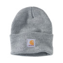Heather grey Carhartt knitted cuff beanie with a turned-up brim and a Carhartt logo patch stitched at the centre front.
