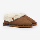 Barbour Eloise women’s slippers in camel with faux shearling lining and tartan trim sole.