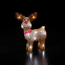 Illuminated acrylic reindeer Christmas decoration with a red nose, red collar and warm white LED lights, standing against a black background with a festive glowing finish.