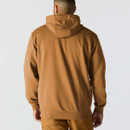 Rear view of the Carhartt men's brown pullover hoodie featuring a relaxed fit, fixed hood and ribbed hem and cuffs.