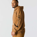 Side profile of the Carhartt men's brown hoodie featuring the bold black Carhartt sleeve logo, kangaroo pocket and relaxed fit.