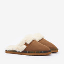 Angled side view of Barbour Claudia mule slippers in camel with cream faux fur lining