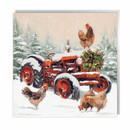 A Christmas card design of a red tractor with snow all over it and some chickens