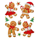 Set of four smiling gingerbread character Christmas tree decorations with festive accessories, including Santa hats, candy canes, stars, Christmas trees and gift motifs, ideal for seasonal decorating.