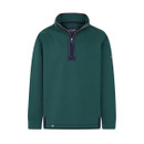 Dark green quarter-zip fleece pullover with a high collar and navy zip detailing on a white background.