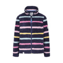 Front view of a cosy zip-up fleece sweatshirt in navy with thick, horizontal pastel stripes in pink, yellow, blue, and white, featuring a high collar and relaxed fit.