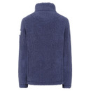 Blue fleece jacket with a textured, fluffy surface shown from the back. It has long sleeves and a high collar, conveying warmth and comfort.