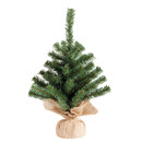 Mini artificial Christmas tree with dense green pine foliage and natural-look burlap pot cover, ideal for tabletops, shelves and festive home décor.