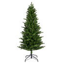 Unlit slim artificial Christmas tree with a tall, narrow silhouette, dense green foliage and sturdy metal stand for space-saving Christmas decorating.