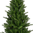 Detailed view of the upper section of a slim artificial Christmas tree, showcasing realistic branch tips and full green needle coverage.