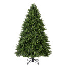 Unlit artificial Christmas tree with a full symmetrical shape, lush green branches and a sturdy metal stand for Christmas decorating.