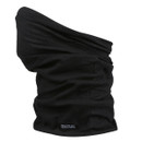 Black neck gaiter with a smooth, slightly crinkled texture, draped elegantly. It has a small, subtle label at the bottom. The tone is sleek and functional.