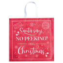 Large red Christmas gift bag with white rope handles and festive “Santa Says… No Peeking Until Christmas” message, decorated with snowflakes and seasonal holiday details.
