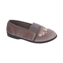 A side view of a purple enclosed pump style slipper with an elasticated band around the front, finished with an embroidered floral design.