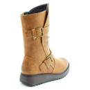 Rear angled view of a tan boot, showing two buckle straps, stitched heel panel, dark fabric lining and a low wedge sole.