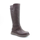 A single brown knee-high leather boot with a flat sole, featuring two decorative buckles near the ankle and top.