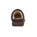 A brown faux suede, slip on mule slipper with a fleece lining from behind.