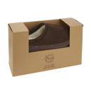 A brown faux suede, slip on mule slipper with fleece lining packaged in a brown box.