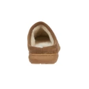 A light brown faux suede, slip on mule slipper with fleece lining packaged in a brown box.