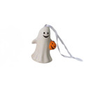 A smiling white ghost holding an orange pumpkin in its left hand. Ribbon is threaded through a small hook at the top.