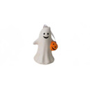 A smiling white ghost holding an orange pumpkin in its left hand. Ribbon is threaded through a small hook at the top.