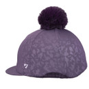 Purple hat silk with a subtle camo pattern and a pom-pom on top facing to the left.