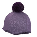 Rear of purple hat silk with a subtle camo pattern and a pom-pom on top facing slightly to the left.