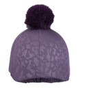 Rear of purple hat silk with a subtle camo pattern and a pom-pom on top.