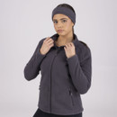 Person in a dark grey jacket and headband against a white background.