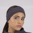 Person with a dark grey headband and fleece jacket, close-up view.