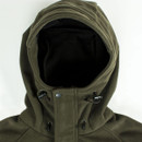 Green hooded jacket with black interior and drawstrings, no person visible.