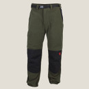 Green and black outdoor trackpants with belt and reinforced knee patches.